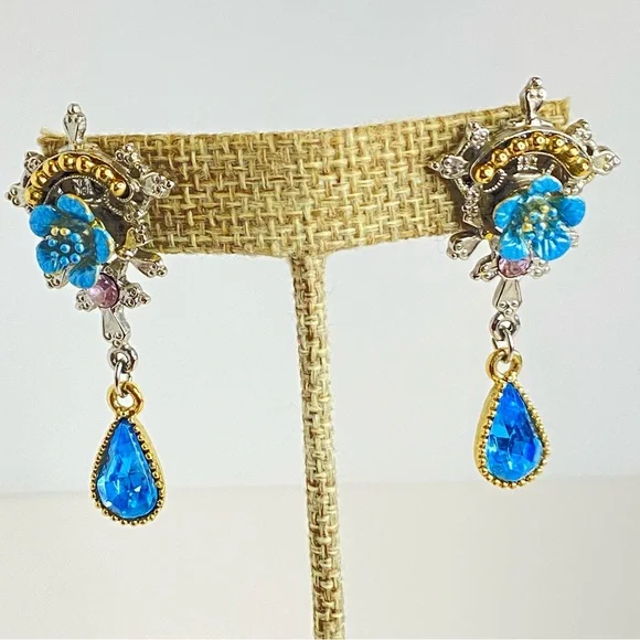 Vintage 1928 Blue Floral Drop Earrings Pink Accent Teardrop Crystal 2" - Picture 4 of 9